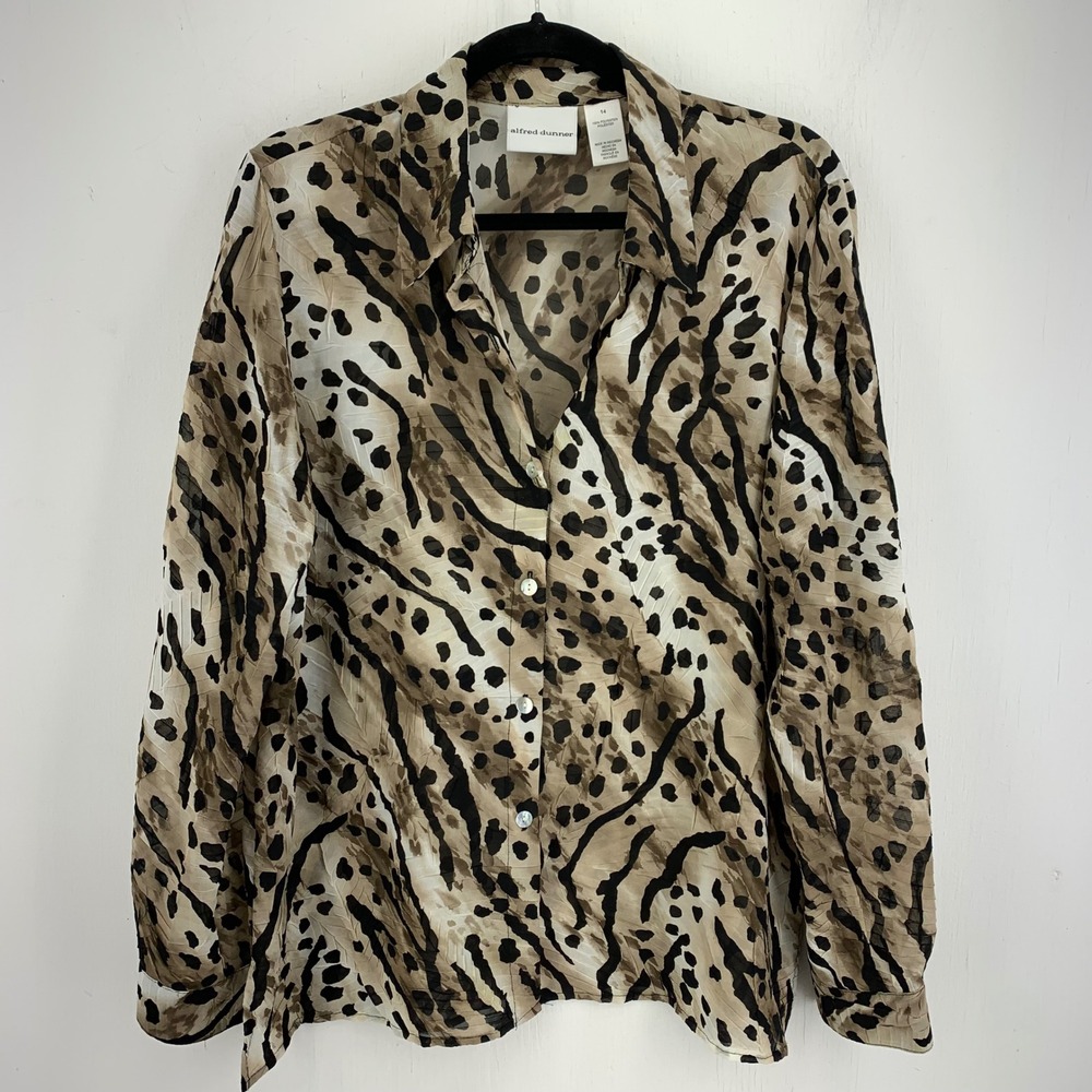 Animal Print Button Front Womens 14 Top Crinkle Mob Wife Maximalist Safari